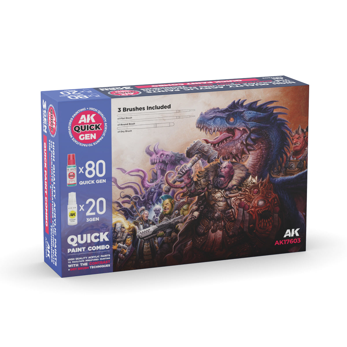 AK - Quick Gen Set - Quick paint combo-100 colors (80 quick gen +20 3gen +3 brushes + medium 18ml)