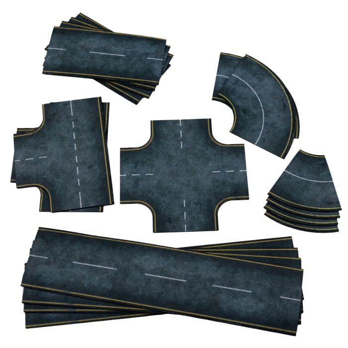 Rubber 2D terrain set – Asphalt roads – 2D Road set 15mm