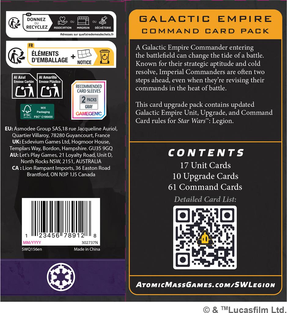 Star Wars Légion : Empire galactique paquet de cartes commandement en Francais