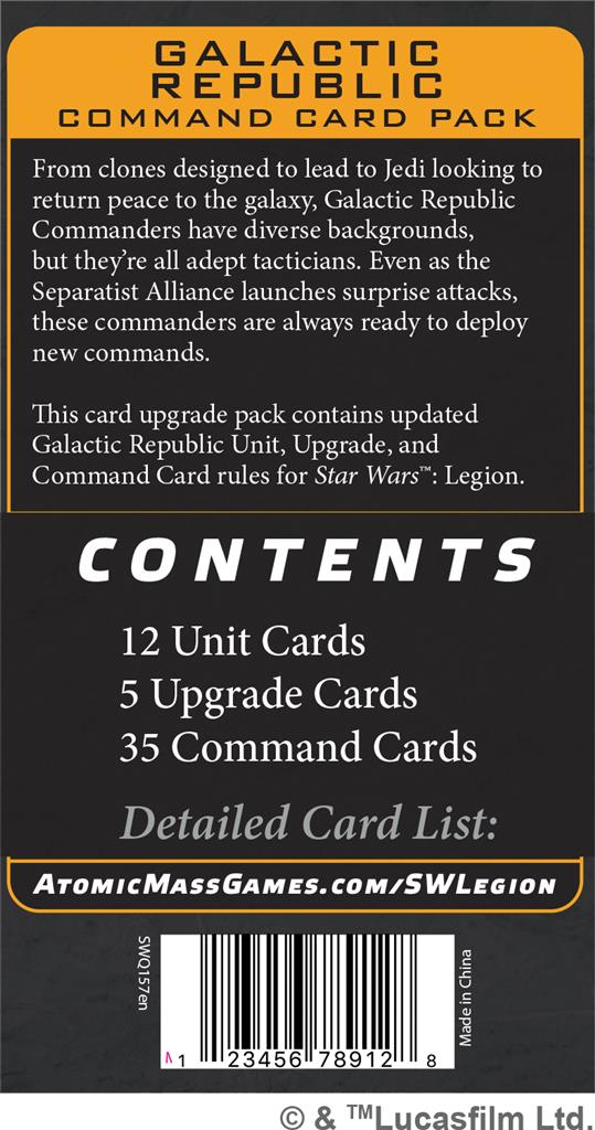 Star Wars Légion : République galactique paquet de cartes commandement en Francais