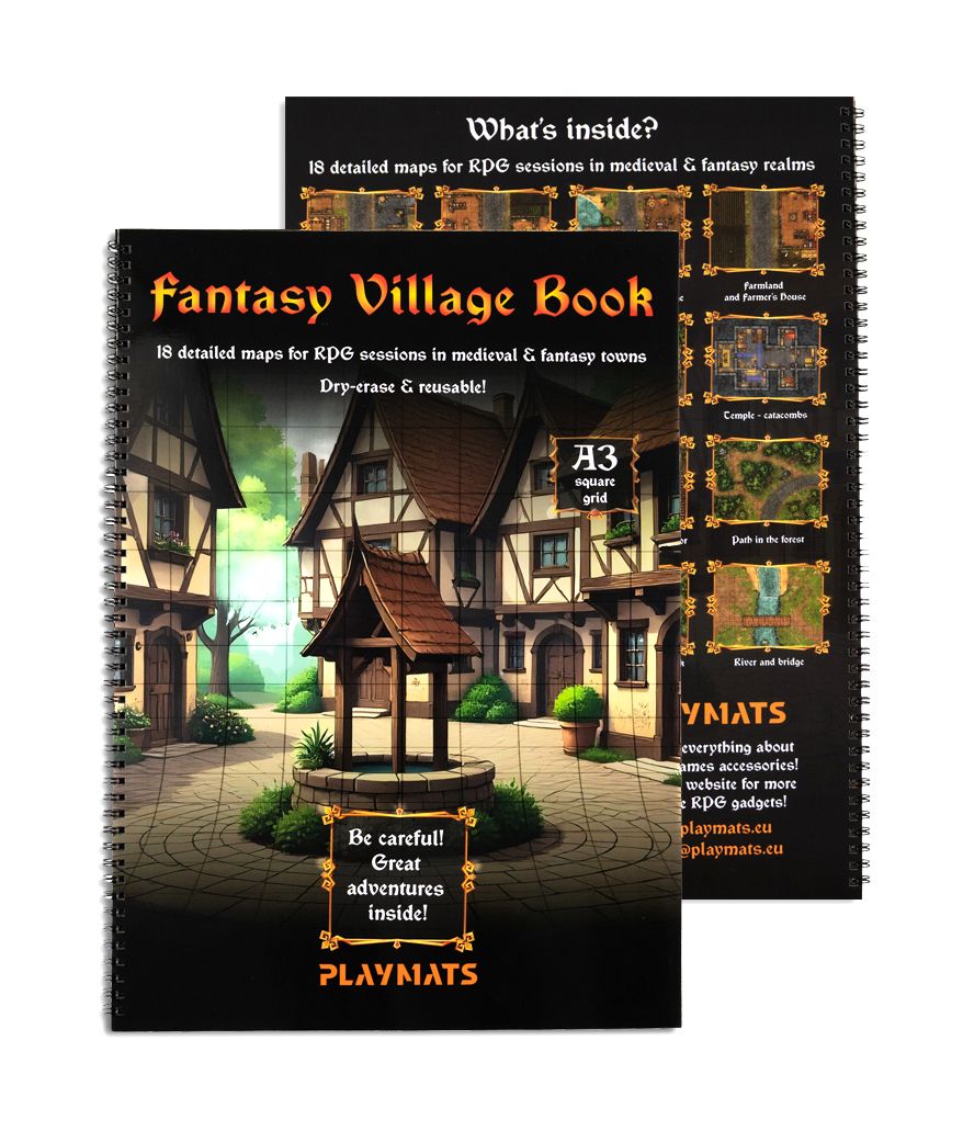 Fantasy Village Adventures Book – 18 cartes A3 effaçables quadrillées pour JDR
