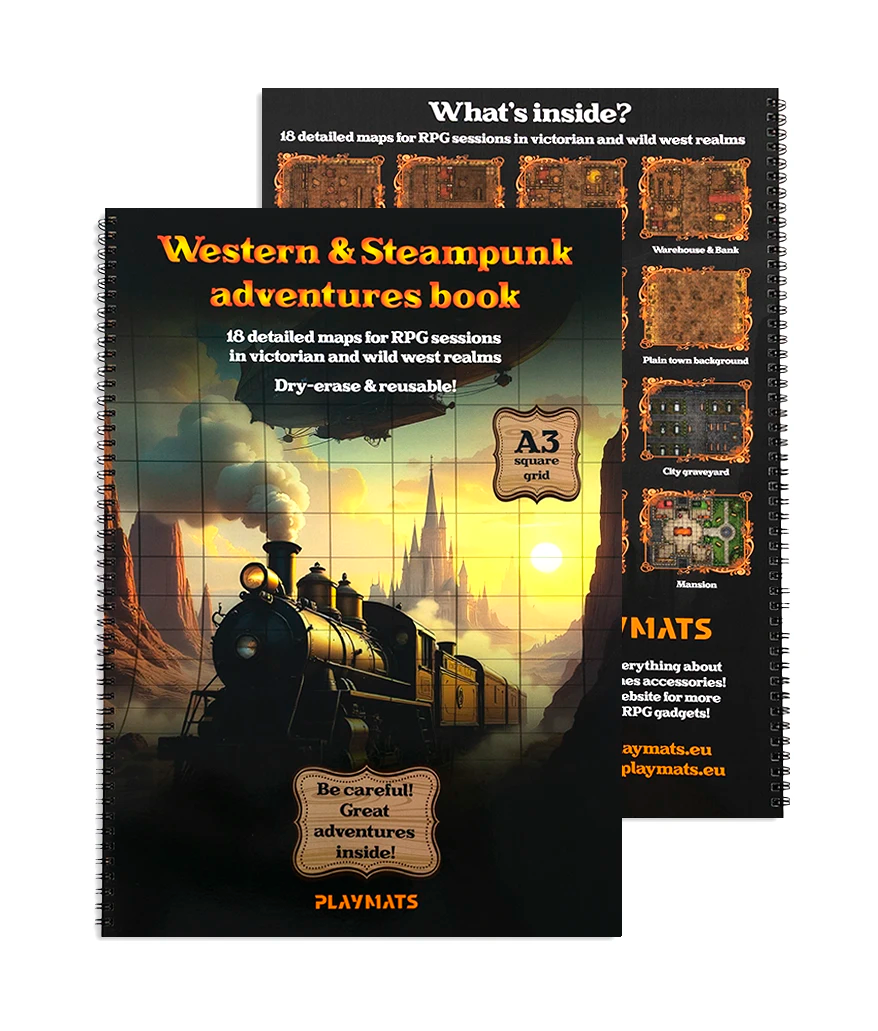 Western & Steampunk Adventures Book – 18 cartes A3 effaçables quadrillées pour JDR